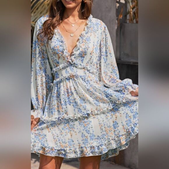 Floral frill trim flounce sleeve dress - Picture 1 of 8